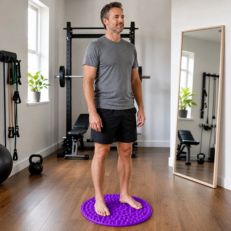 Tapis d'acupression pieds violet homme debout 