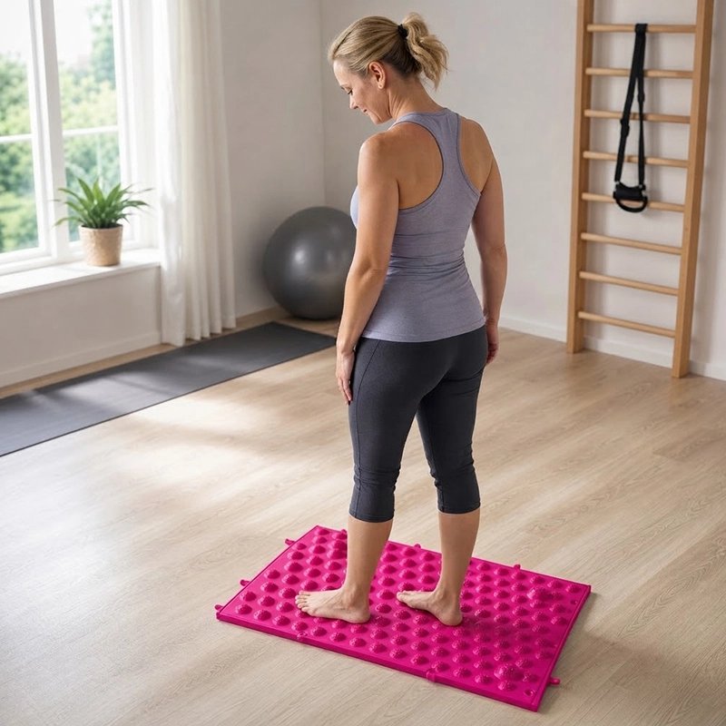 Tapis d'acupression rose pieds homme debout
