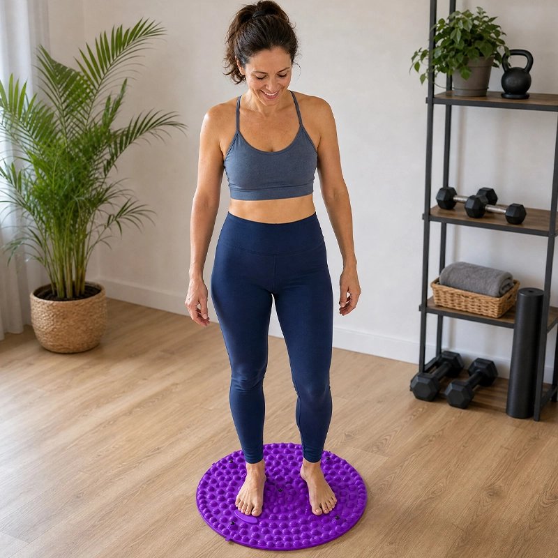 Tapis d'acupression violet pieds femme debout