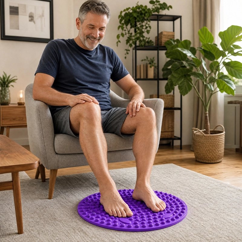 Tapis d'acupression violet pieds homme