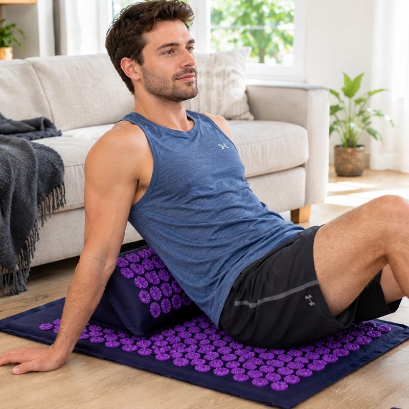 Tapis de fleurs de lotus homme assis acupression yoga violet