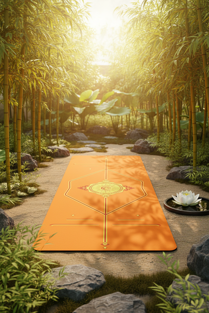 Détail mandala soleil doré sur tapis de yoga antidérapant orange, décor zen et fleur de lotus