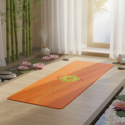Tapis de yoga antidérapant orange vue du dessus, lignes d'alignement laser, fond zen naturel