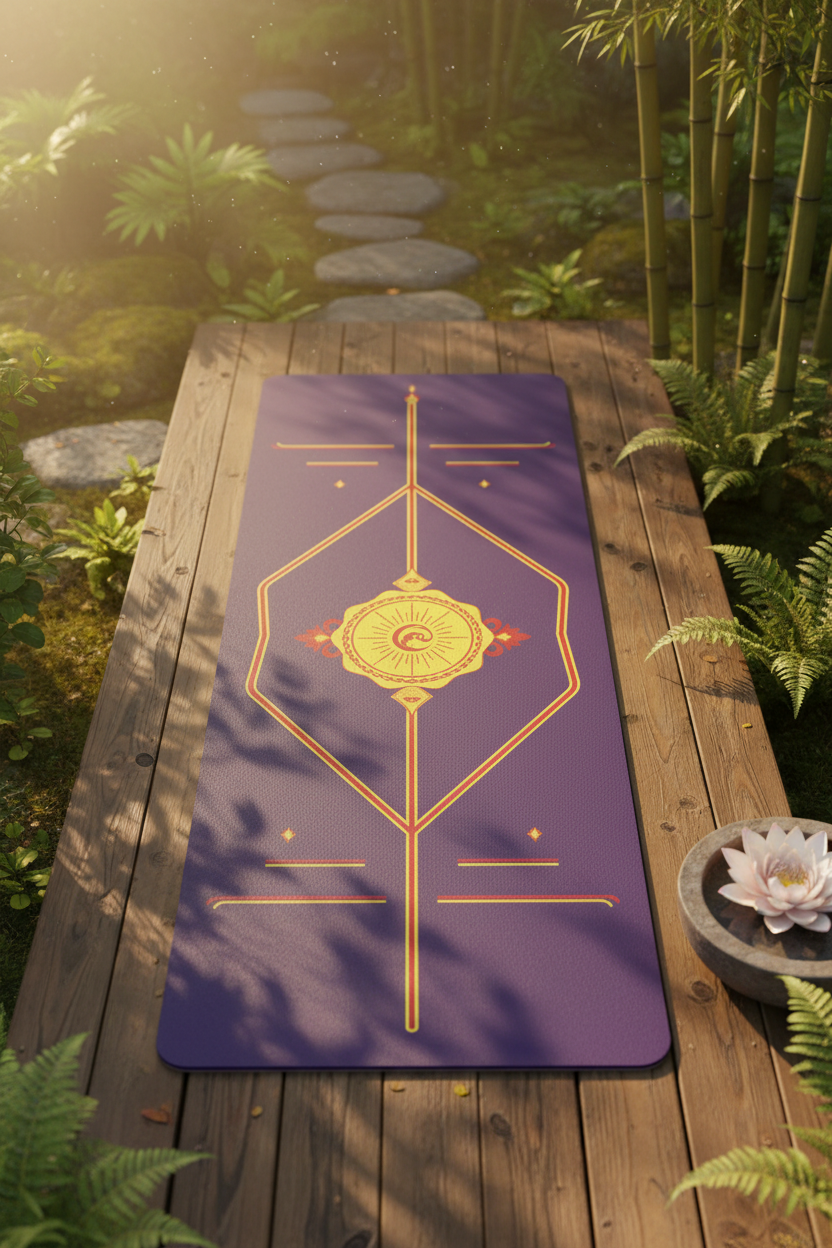 Tapis de yoga antidérapant violet vue du dessus, motif mandala géométrique doré, ambiance spa