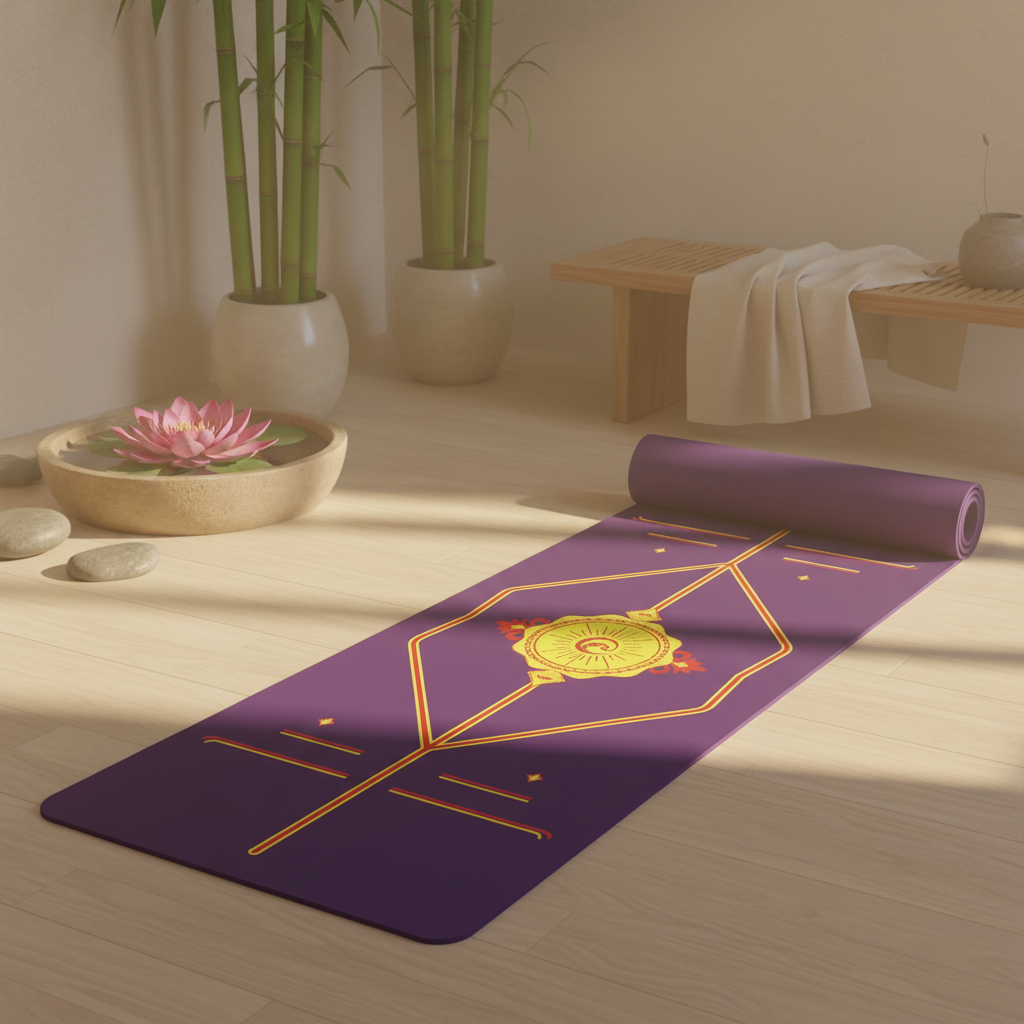 apis de yoga antidérapant violet avec lignes d'alignement dorées, fond zen naturel ensoleillé