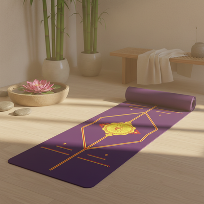 apis de yoga antidérapant violet avec lignes d'alignement dorées, fond zen naturel ensoleillé
