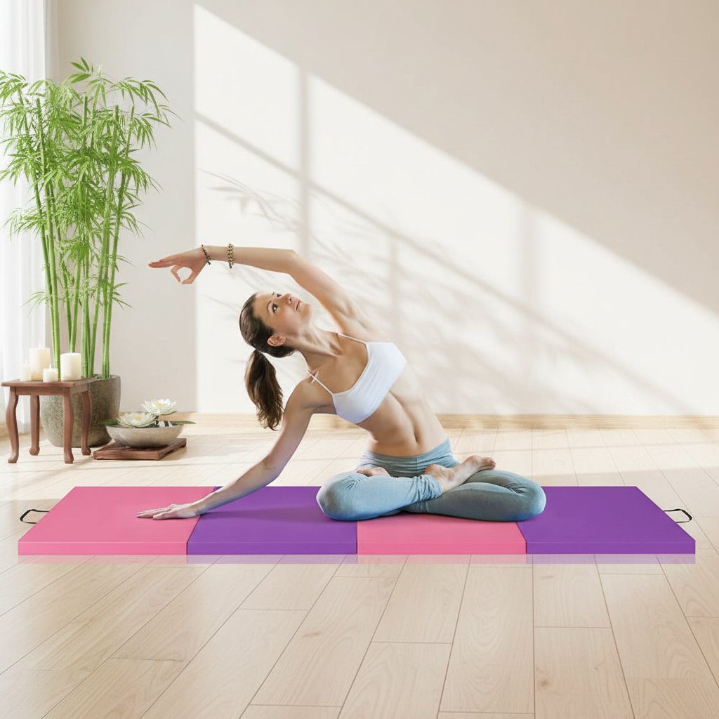 Tapis de yoga épais pliable rose violet - femme posture yoga espace naturel zen lumière dorée