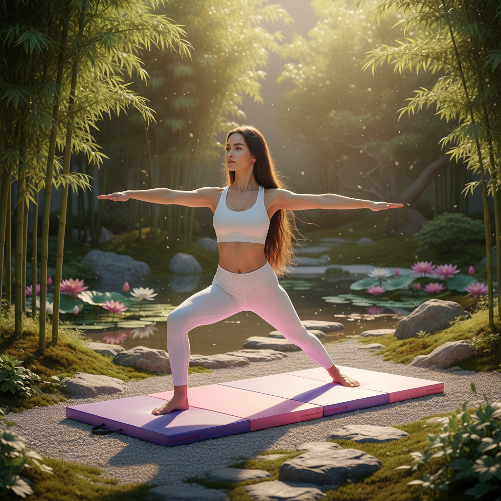 Tapis de yoga épais pliable rose violet - femme posture guerrière jardin zen lotus bambou