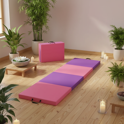 Tapis de yoga épais design pliable rose violet - intérieur pièce zen bougies fleur de lotus