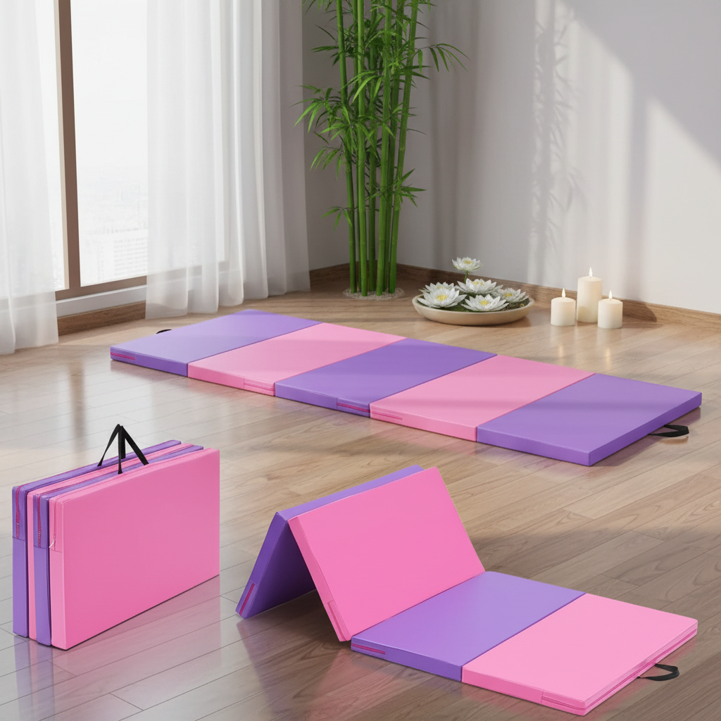 Tapis yoga épais rose violet 4 panneaux - vues plat plié et rangé compact