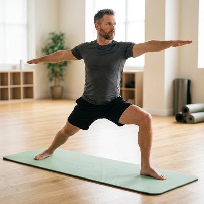 Tapis de yoga vert homme position du guerrier
