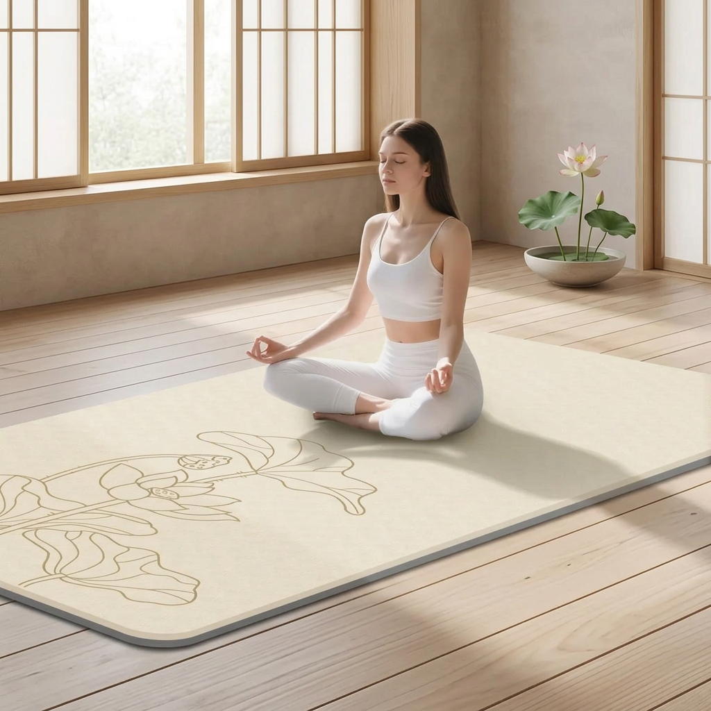 Femme en méditation assise sur un tapis de yoga beige à motif lotus.