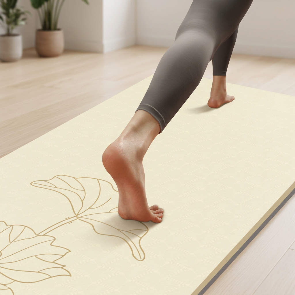 Gros plan des pieds en appui sur un tapis sport beige à motif lotus.