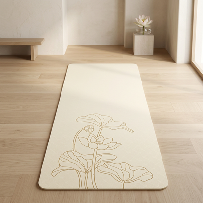 Tapis sport antidérapant beige avec motif lotus dans un espace yoga zen.