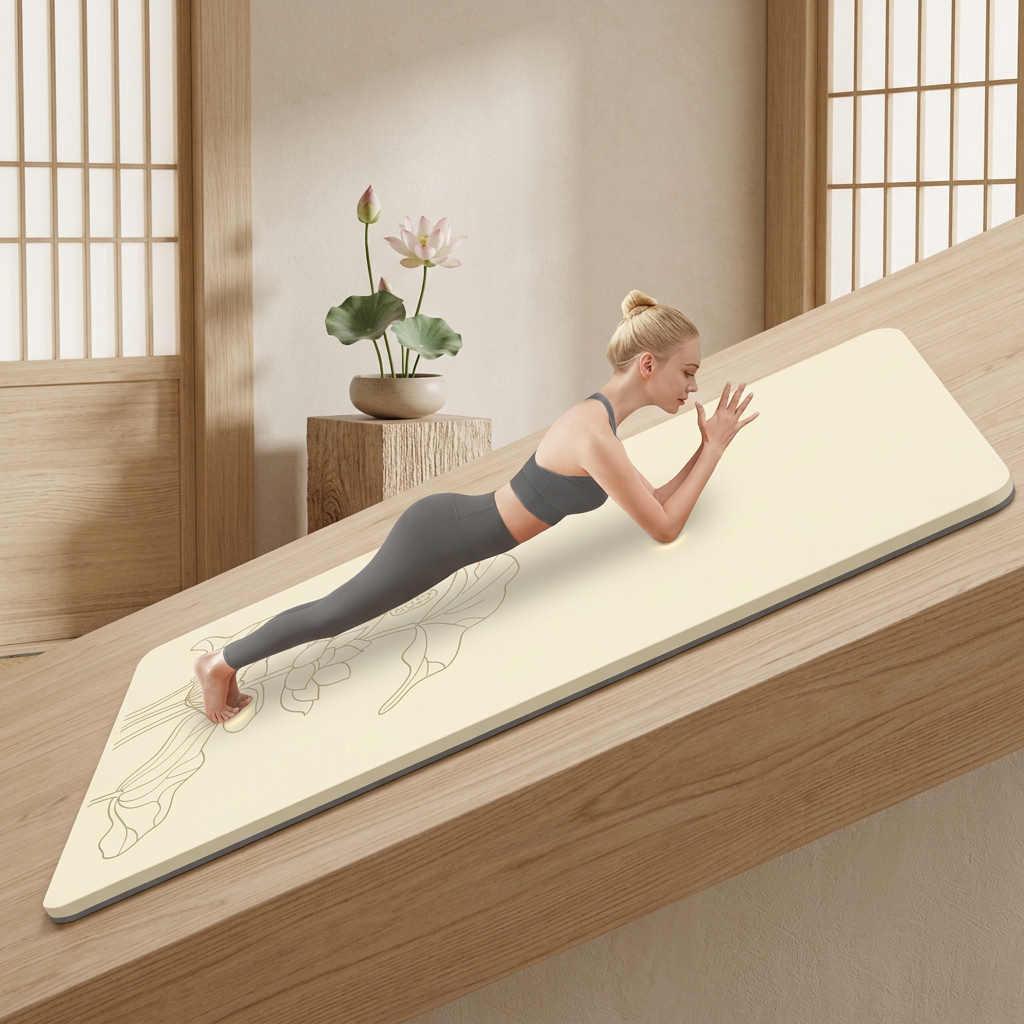Femme en position de planche sur un tapis de sport beige incliné.