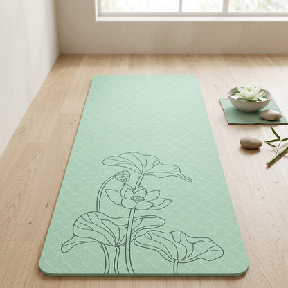 Tapis de yoga vert menthe avec motif lotus sur un sol en bois clair.