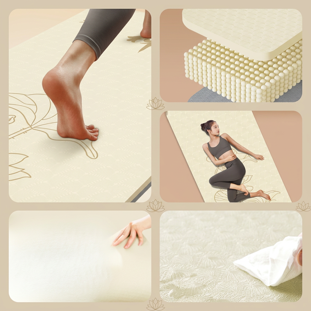 Montage de détails du tapis de yoga beige : appuis, matière, étirement et nettoyage.