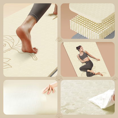 Montage de détails du tapis de yoga beige : appuis, matière, étirement et nettoyage.