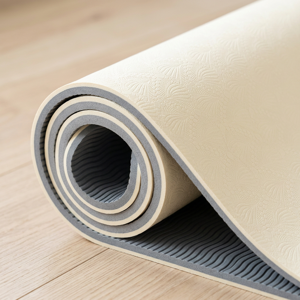 Gros plan du tapis de yoga enroulé, avec surface beige et dessous gris rainuré.