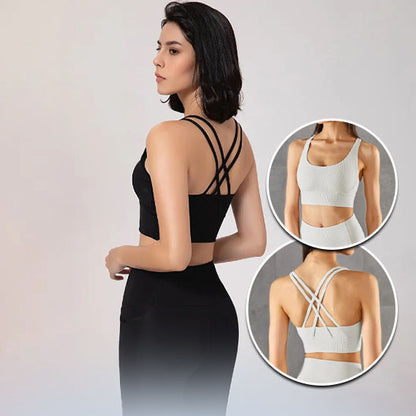 tenue de yoga femme sport gym fitness brassière bretelles croisées legging moulant