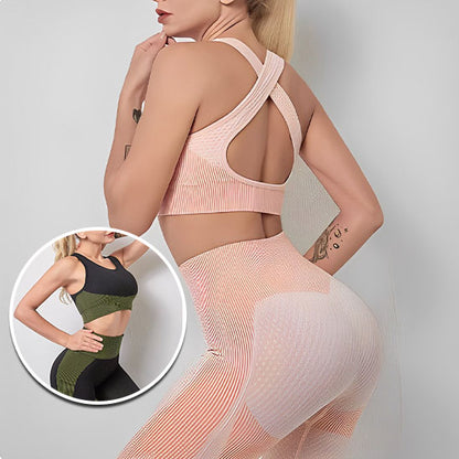 tenue de yoga sport gym fitness brassière bretelles croisées dans le dos nu legging moulant sexy rose ou noir kaki