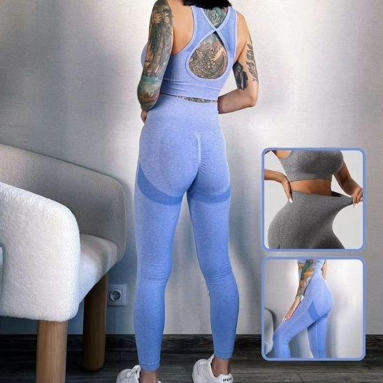 Tenue yoga brassière legging bleue ou grise extensible taille haute porté par une femme