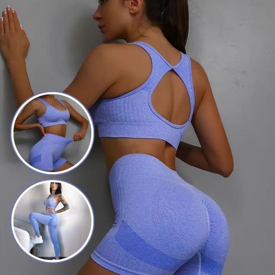 Tenue yoga brassière short mauve extensible porté par une femme