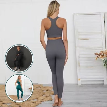 tenue yoga grise tenue yoga deux pièces brassière legging portée par une femme blonde
