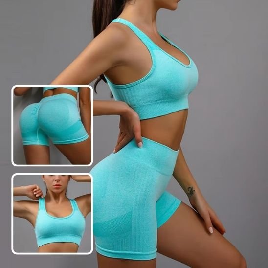 Tenue yoga short brassière vert extensible porté par une femme