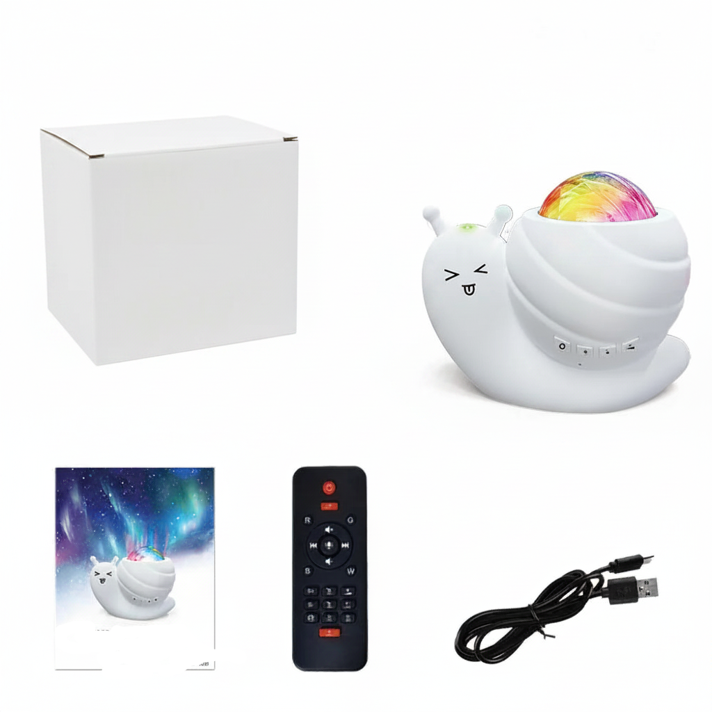 Veilleuse escargot lampe aurores boréales blanche avec boîte télécommande et câble USB fond blanc