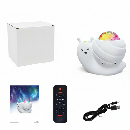 Veilleuse escargot lampe aurores boréales blanche avec boîte télécommande et câble USB fond blanc
