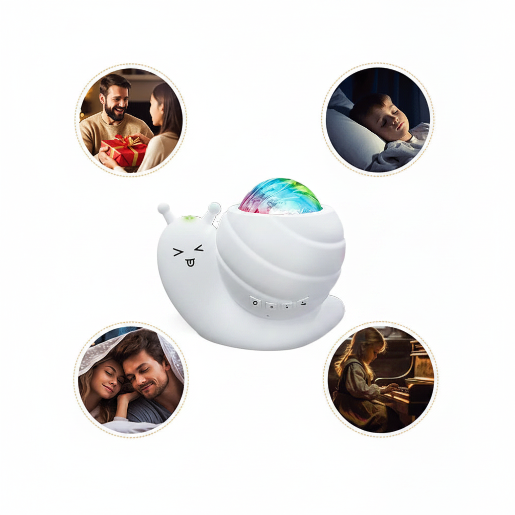 Veilleuse escargot lampe aurores boréales usages cadeau fête repos couple musique atmosphère enfant