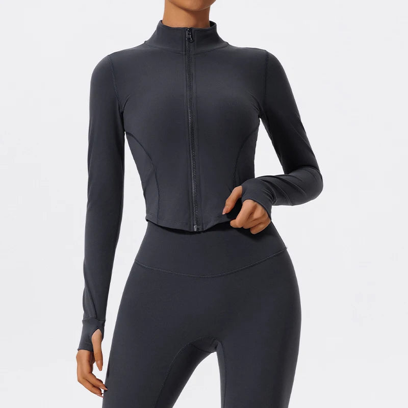 Veste de yoga zippée courte femme - bleue marine - coupe ajustée