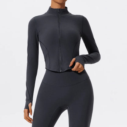 Veste de yoga zippée courte femme - bleue marine - coupe ajustée