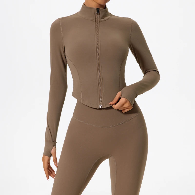 Veste de yoga zippée courte femme marron - stretch confortable - ensemble legging