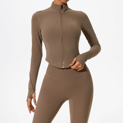 Veste de yoga zippée courte femme marron - stretch confortable - ensemble legging