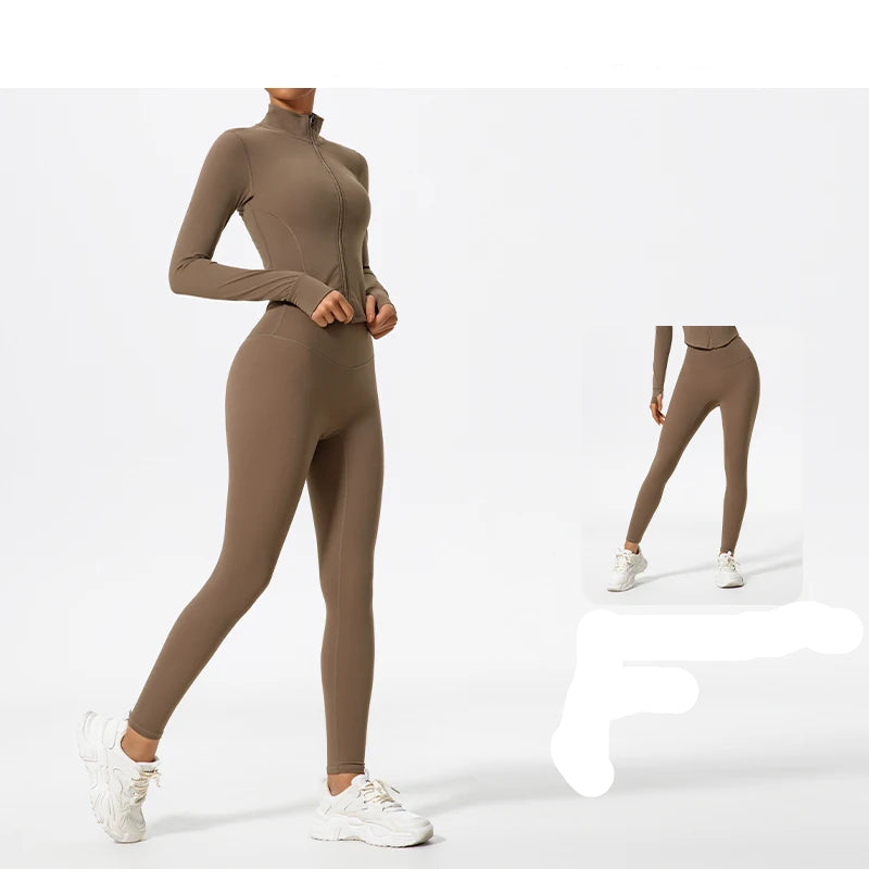 Veste de yoga femme - port en mouvement - ensemble legging marron stretch