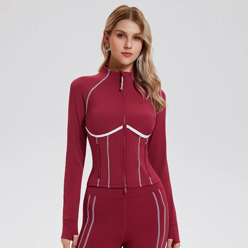 Veste yoga femme rouge coutures blanches zippée