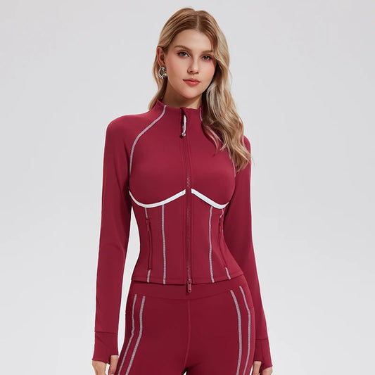 Veste yoga femme rouge coutures blanches zippée