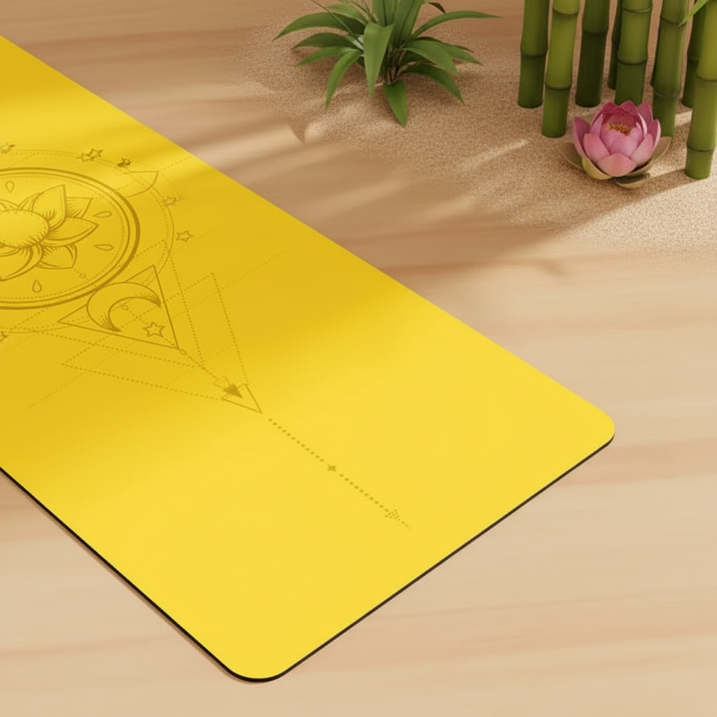 Détail coin Yoga Mat Yoga jaune, motif lotus et lignes géométriques, fond zen