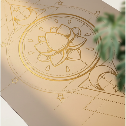Gros plan fleur de lotus gravée sur Yoga Mat Yoga rose, ambiance spa naturelle