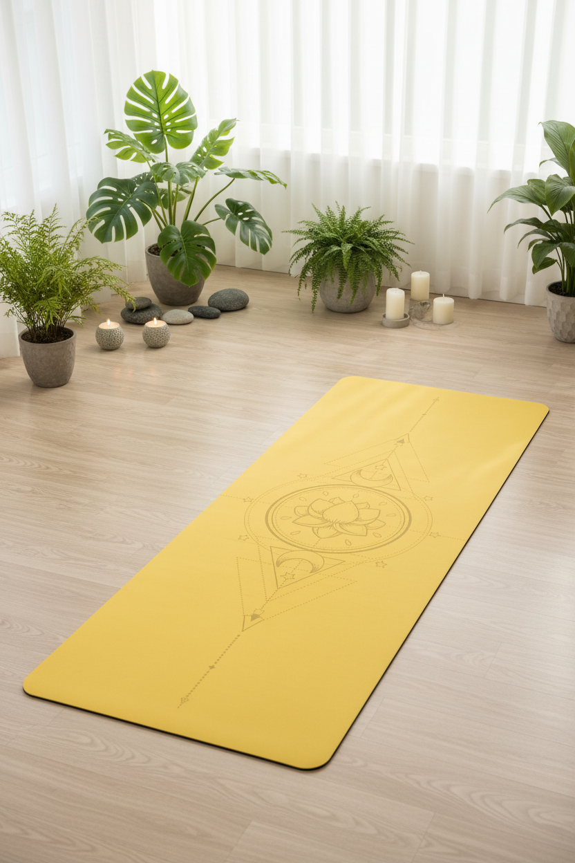 Yoga Mat Yoga jaune motif lotus géométrique, studio yoga lumière douce