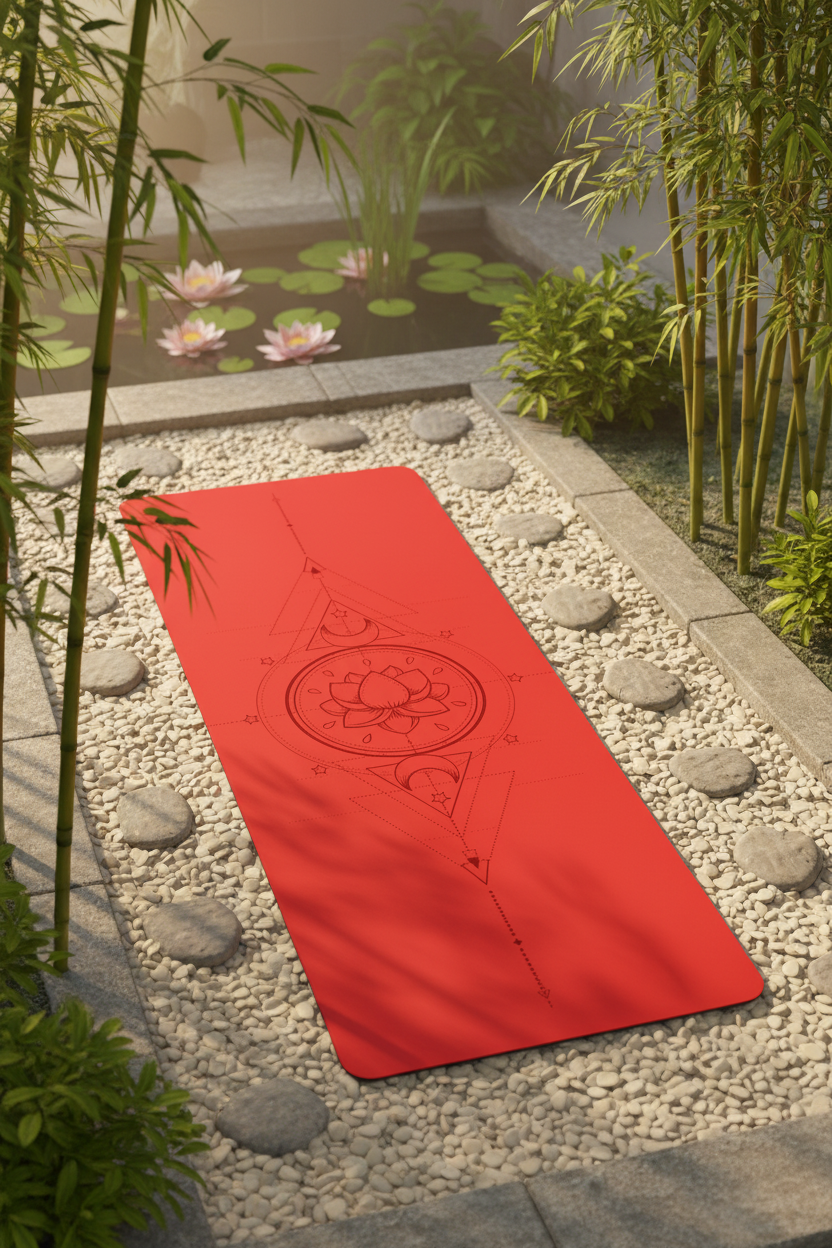 Yoga Mat Yoga rouge fleur de lotus géométrique, fond zen naturel ensoleillé