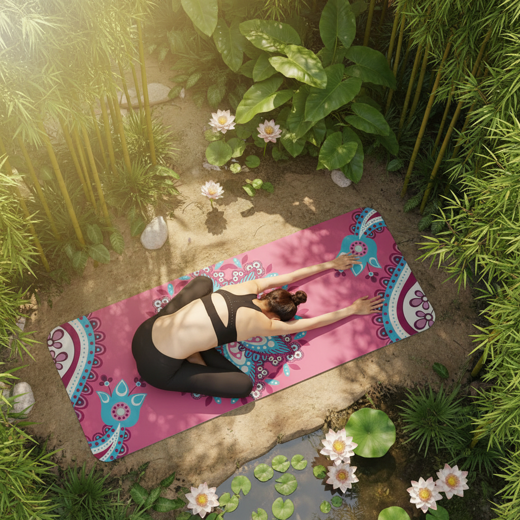 Femme posture enfant sur Yoga Matte rose mandala turquoise, ambiance zen