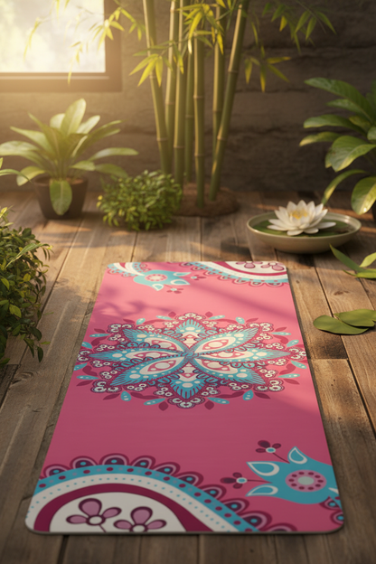 Yoga Matte rose mandala turquoise et violet, fond studio yoga naturel ensoleillé