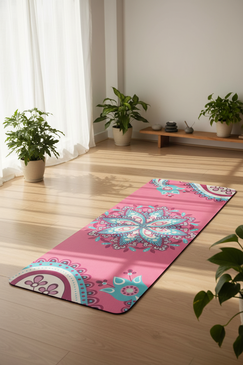 Yoga Matte rose mandala turquoise, fond coucher de soleil studio yoga
