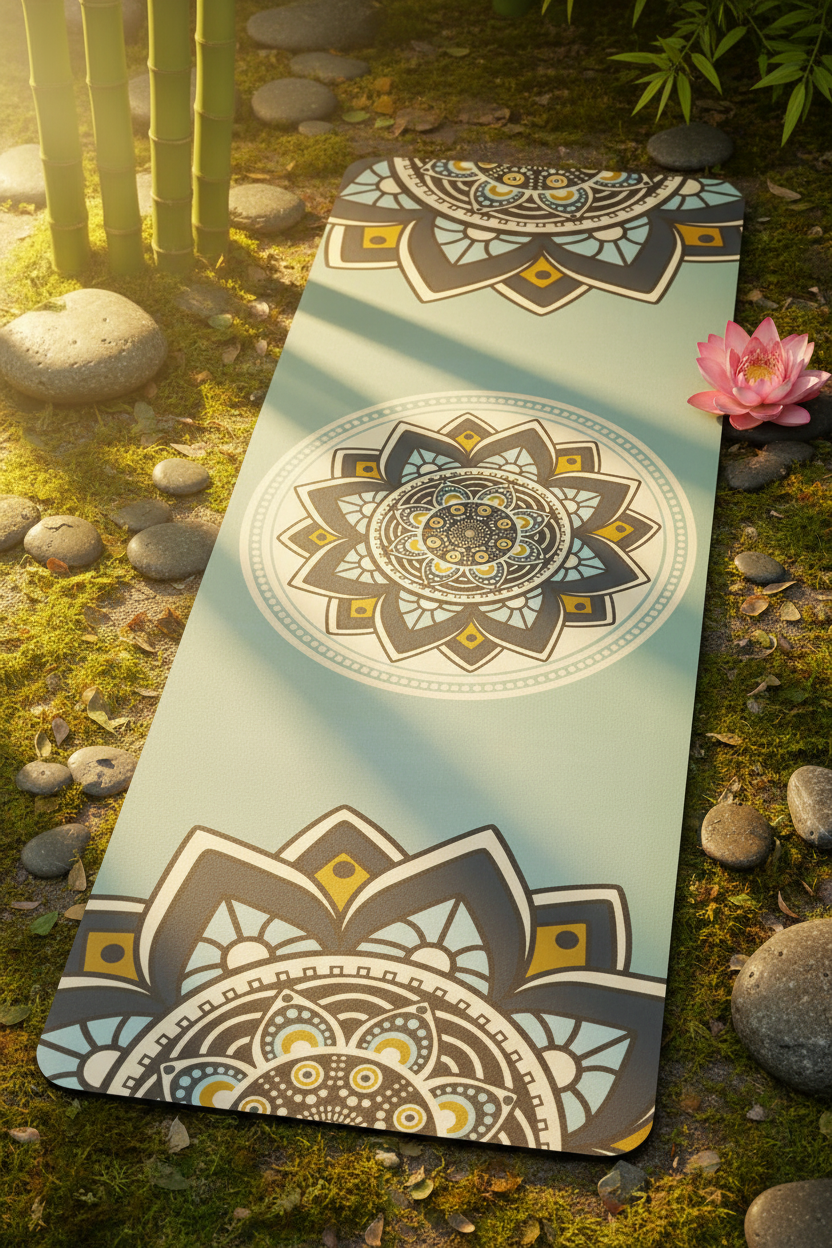 Yoga Matte vert sauge mandala doré lotus, studio yoga lumière naturelle