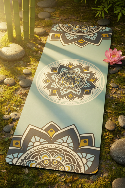 Yoga Matte vert sauge mandala doré lotus, studio yoga lumière naturelle