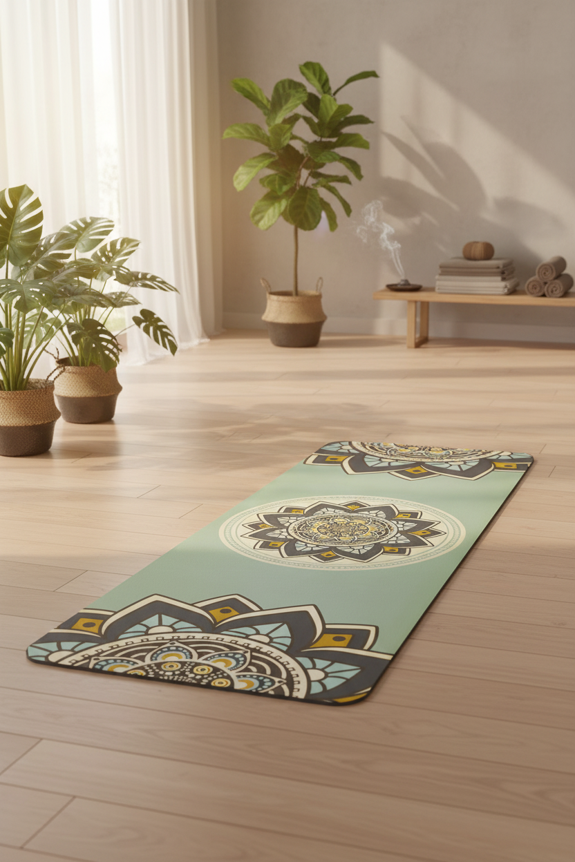 Yoga Matte vert sauge mandala doré studio yoga, tapis antidérapant caoutchouc naturel