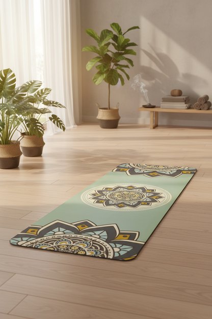 Yoga Matte vert sauge mandala doré studio yoga, tapis antidérapant caoutchouc naturel